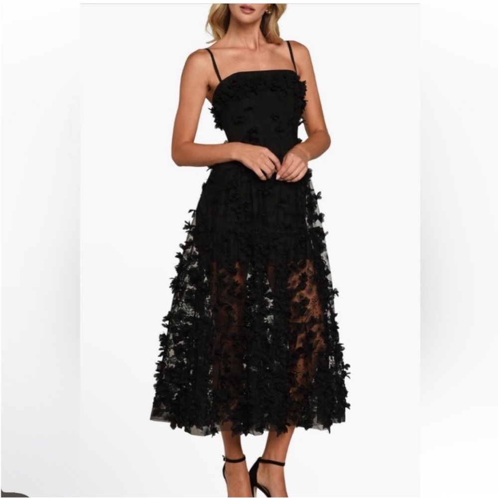 Audrey Square-Neck Floral Appliqué Sheer Midi Dress